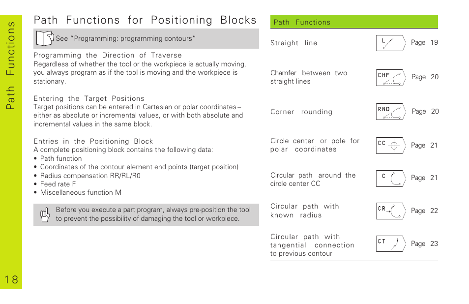 1 8 path functions, Path functions for positioning blocks | HEIDENHAIN TNC 310 (286 140) Pilot User Manual | Page 18 / 60