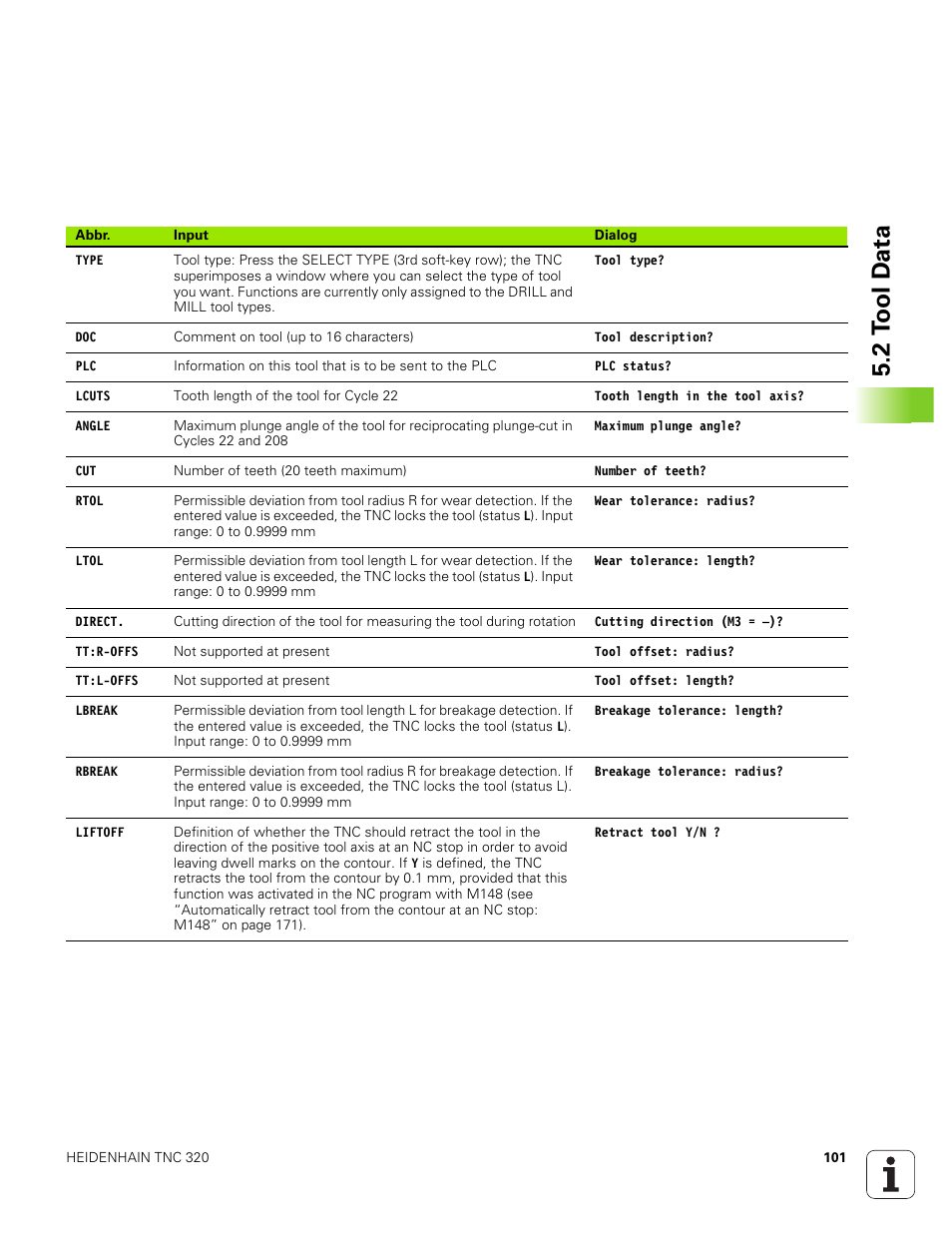 2 t o ol d a ta | HEIDENHAIN TNC 320 (340 551-01) User Manual | Page 101 / 463