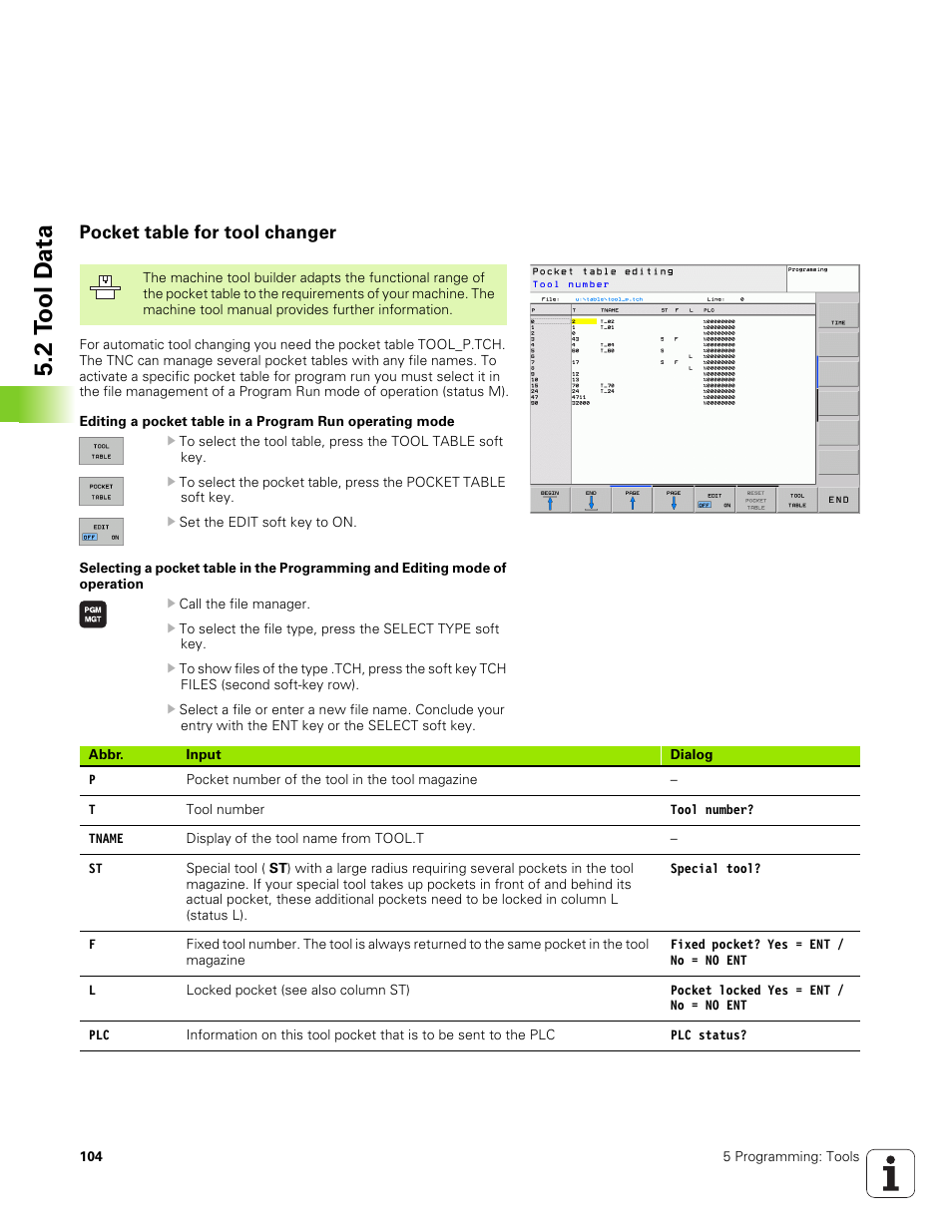 Pocket table for tool changer, 2 t o ol d a ta | HEIDENHAIN TNC 320 (340 551-01) User Manual | Page 104 / 463