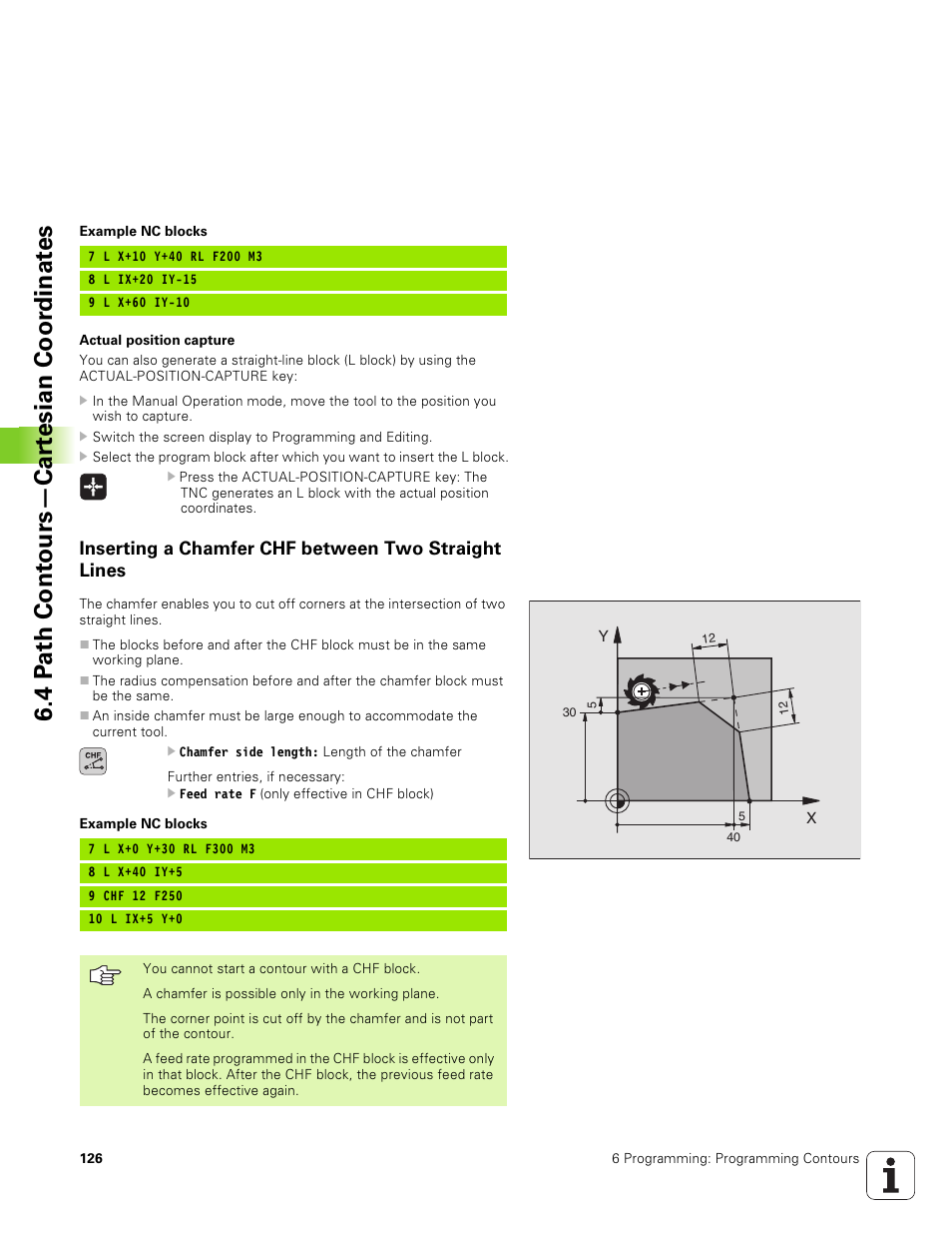 Inserting a chamfer chf between two straight lines, Hof chf, Hof*f§ffm§p"av | Damf, Hofa=fdfmv, 4 p a th cont ours—car te sian coor dinat e s | HEIDENHAIN TNC 320 (340 551-01) User Manual | Page 126 / 463