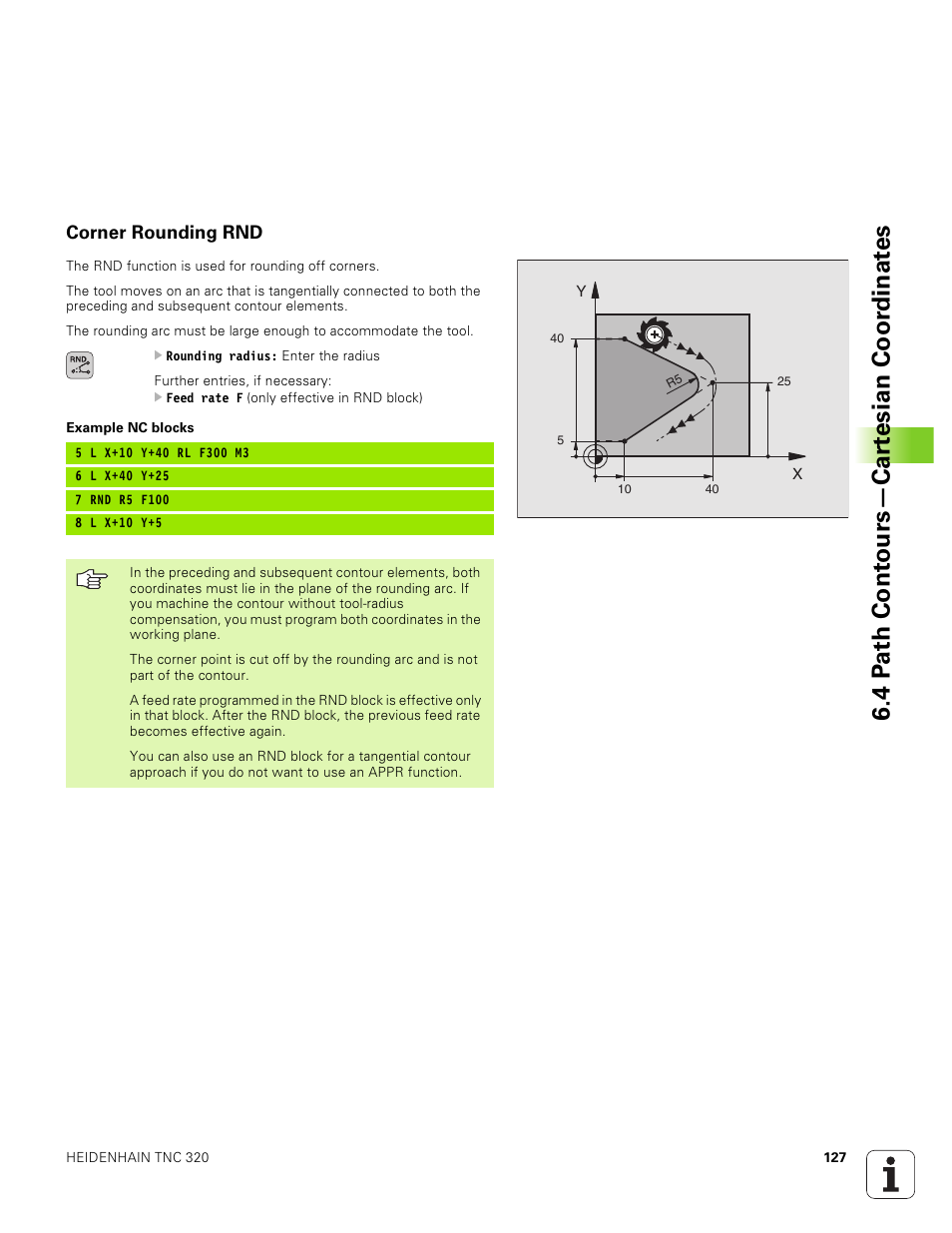 Corner rounding rnd, Pmfp¤m=amv rnd, A4¤d""4§a^"mvfma"d | 4pmmf4apmp^fzf4f=amv"m, F¤fm4pmp¤fdfhfm, P¤m=amv"=a, 4 p a th cont ours—car te sian coor dinat e s | HEIDENHAIN TNC 320 (340 551-01) User Manual | Page 127 / 463