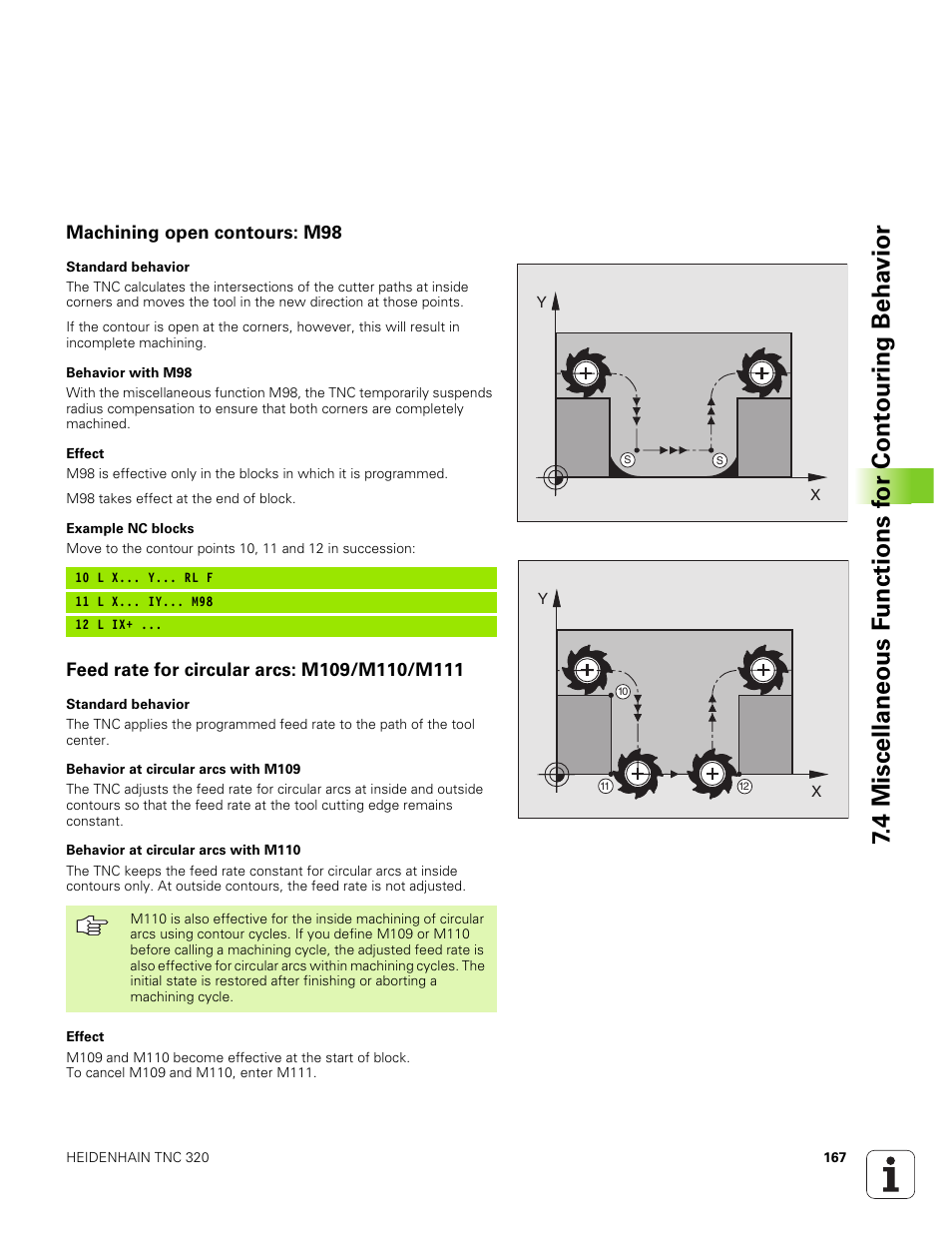 Machining open contours: m98, Feed rate for circular arcs: m109/m110/m111 | HEIDENHAIN TNC 320 (340 551-01) User Manual | Page 167 / 463