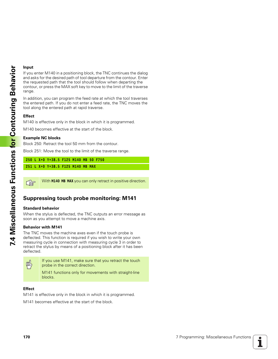 Suppressing touch probe monitoring: m141 | HEIDENHAIN TNC 320 (340 551-01) User Manual | Page 170 / 463