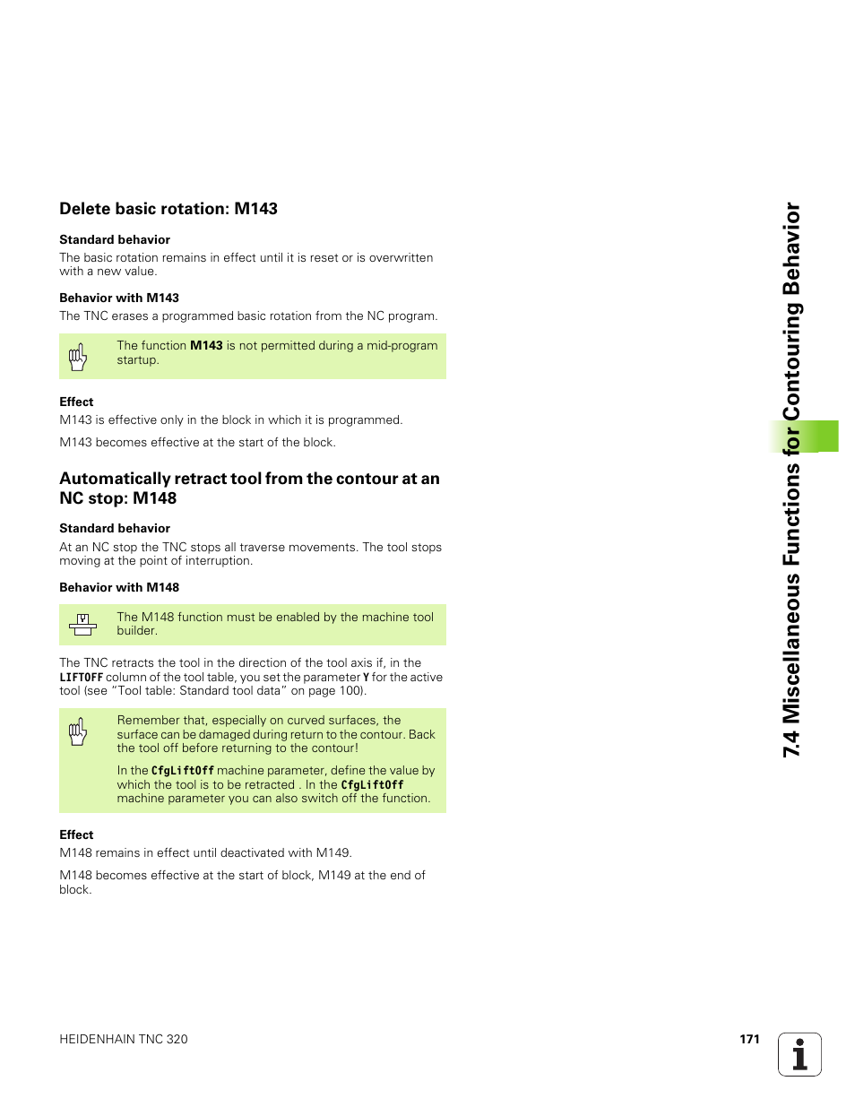 Delete basic rotation: m143 | HEIDENHAIN TNC 320 (340 551-01) User Manual | Page 171 / 463