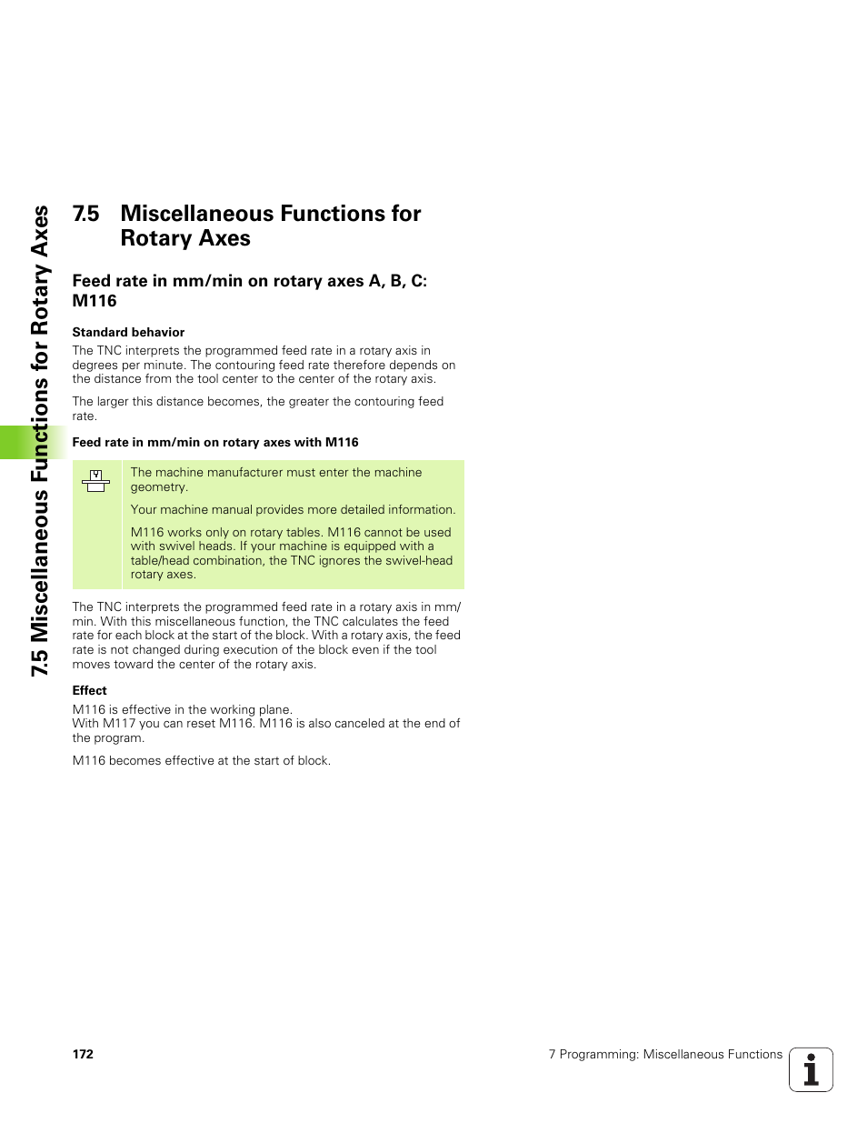 5 miscellaneous functions for rotary axes, Feed rate in mm/min on rotary axes a, b, c: m116 | HEIDENHAIN TNC 320 (340 551-01) User Manual | Page 172 / 463