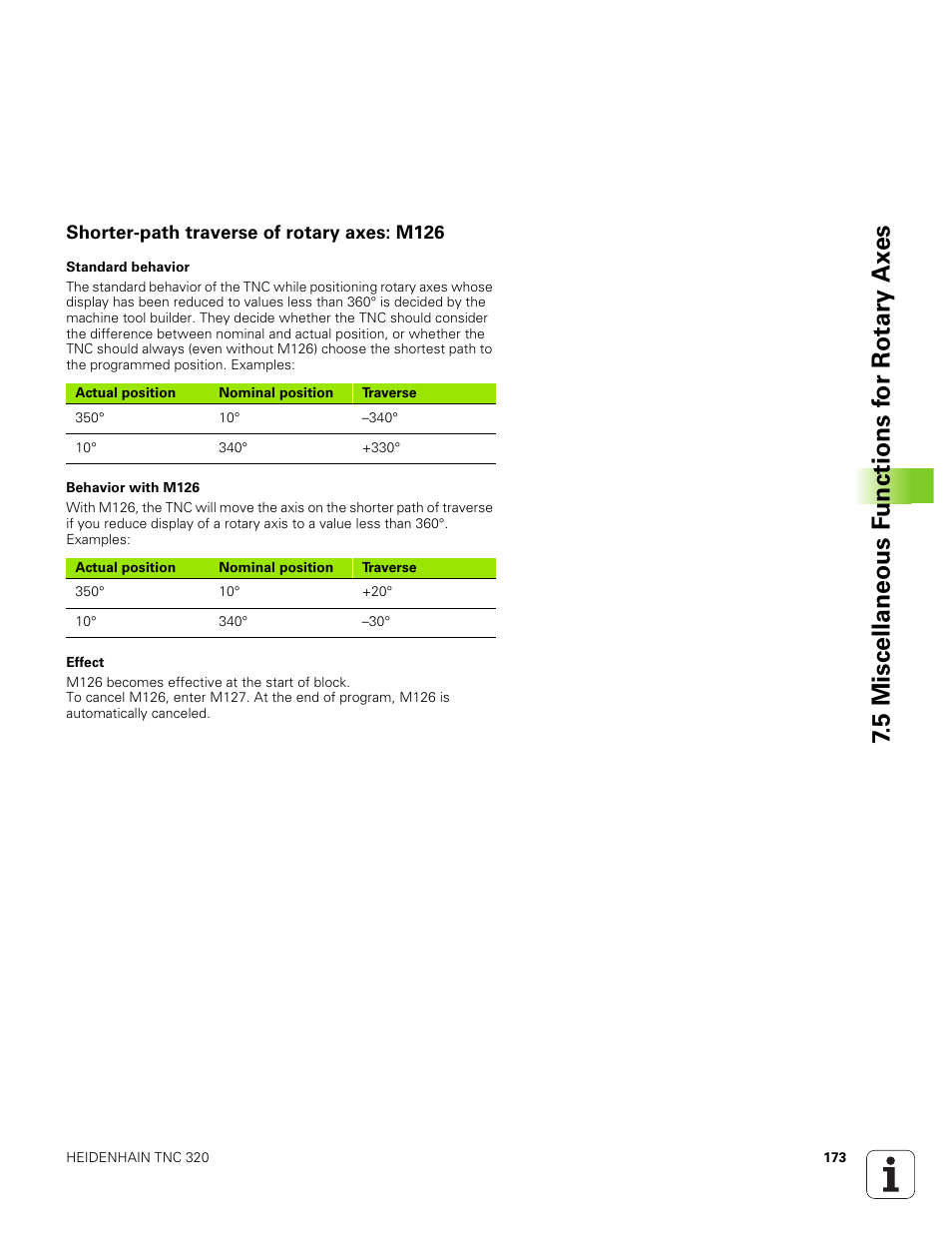 Shorter-path traverse of rotary axes: m126 | HEIDENHAIN TNC 320 (340 551-01) User Manual | Page 173 / 463