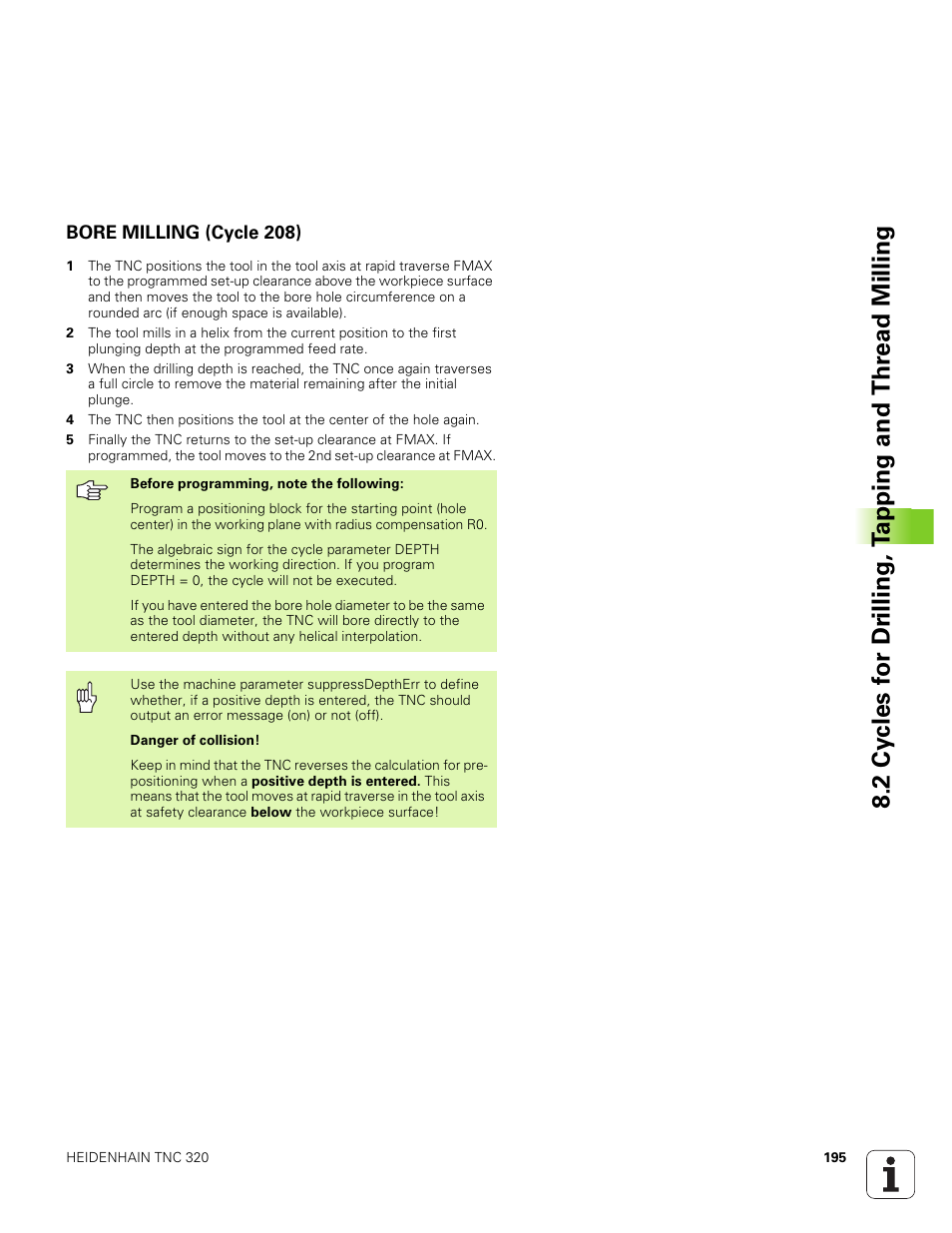 Bore milling (cycle 208) | HEIDENHAIN TNC 320 (340 551-01) User Manual | Page 195 / 463