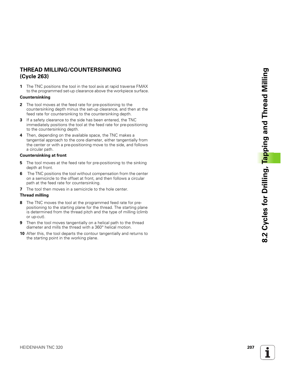 Thread milling/countersinking (cycle 263) | HEIDENHAIN TNC 320 (340 551-01) User Manual | Page 207 / 463