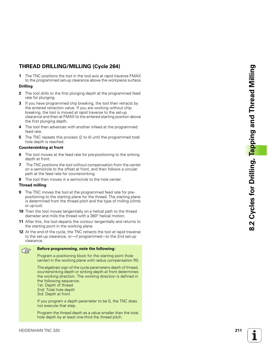 Thread drilling/milling (cycle 264) | HEIDENHAIN TNC 320 (340 551-01) User Manual | Page 211 / 463