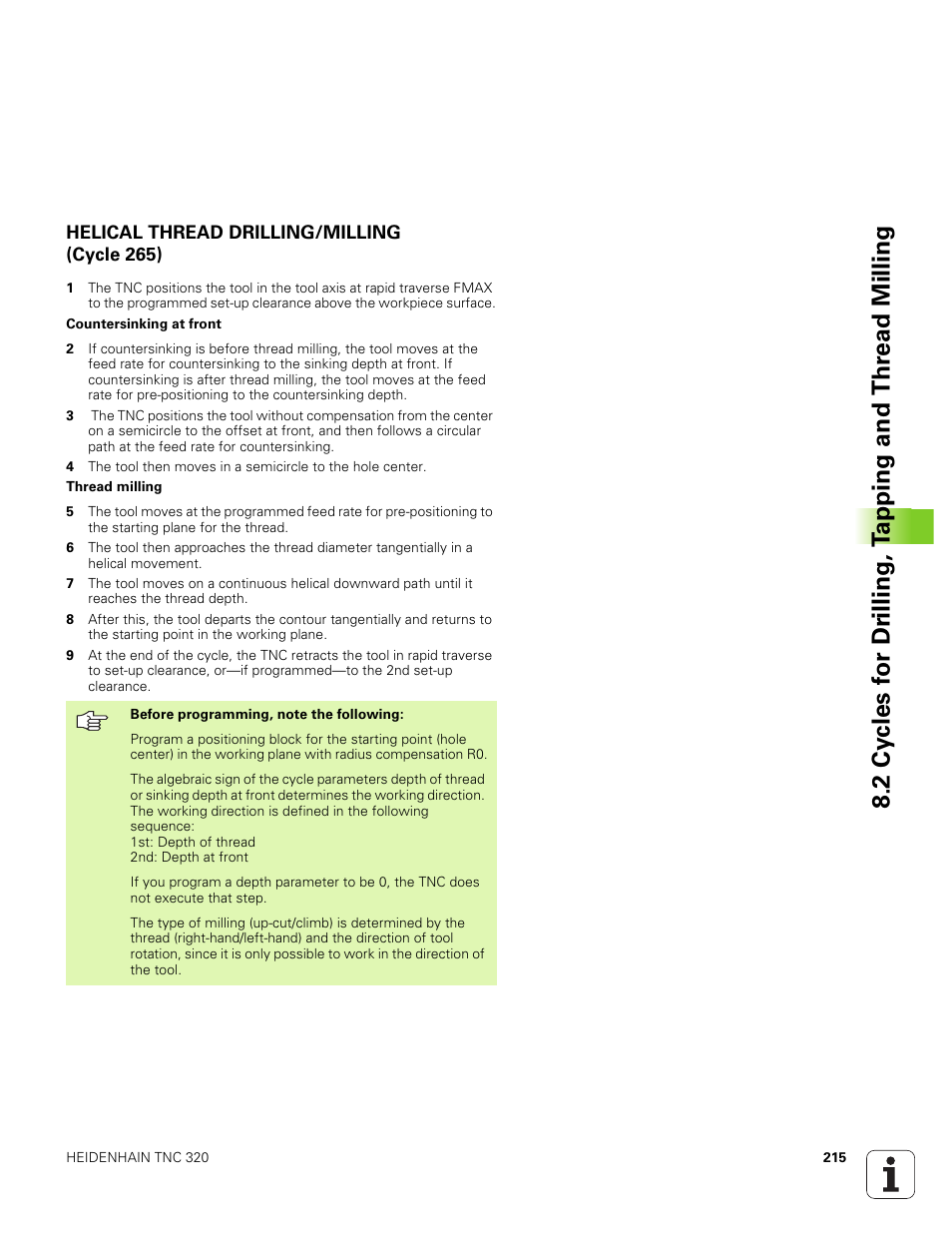 Helical thread drilling/milling (cycle 265) | HEIDENHAIN TNC 320 (340 551-01) User Manual | Page 215 / 463