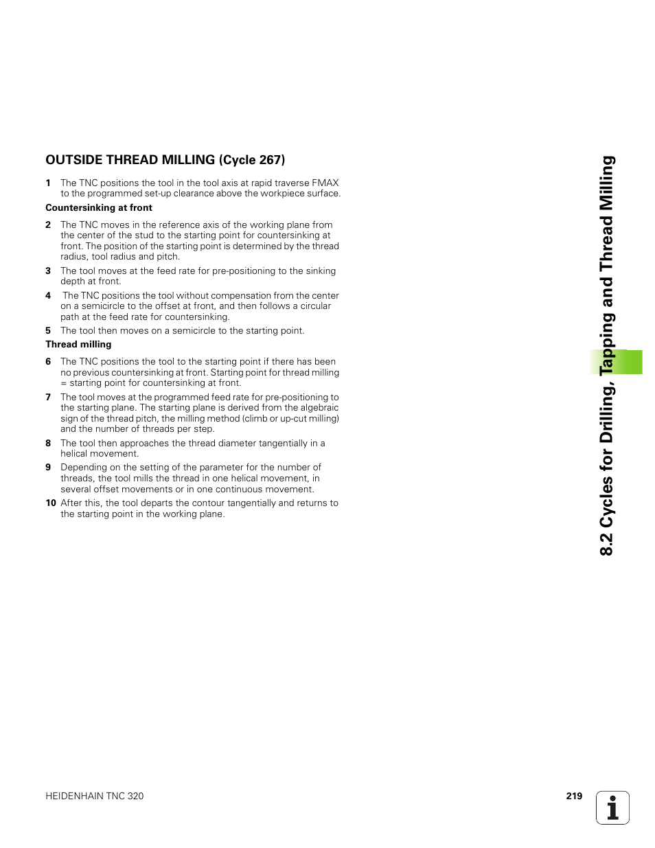 Outside thread milling (cycle 267) | HEIDENHAIN TNC 320 (340 551-01) User Manual | Page 219 / 463