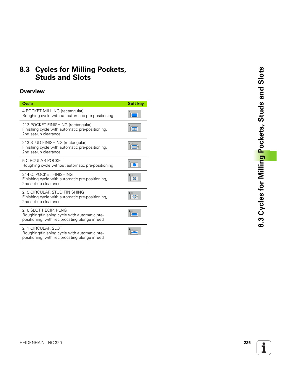 3 cycles for milling pockets, studs and slots, Overview, Cycles for milling pockets, studs and slots | HEIDENHAIN TNC 320 (340 551-01) User Manual | Page 225 / 463