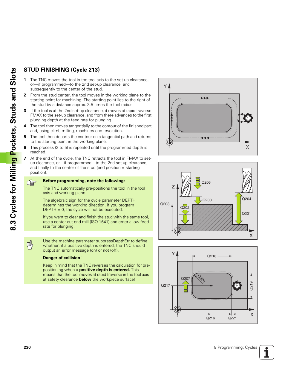 Stud finishing (cycle 213) | HEIDENHAIN TNC 320 (340 551-01) User Manual | Page 230 / 463