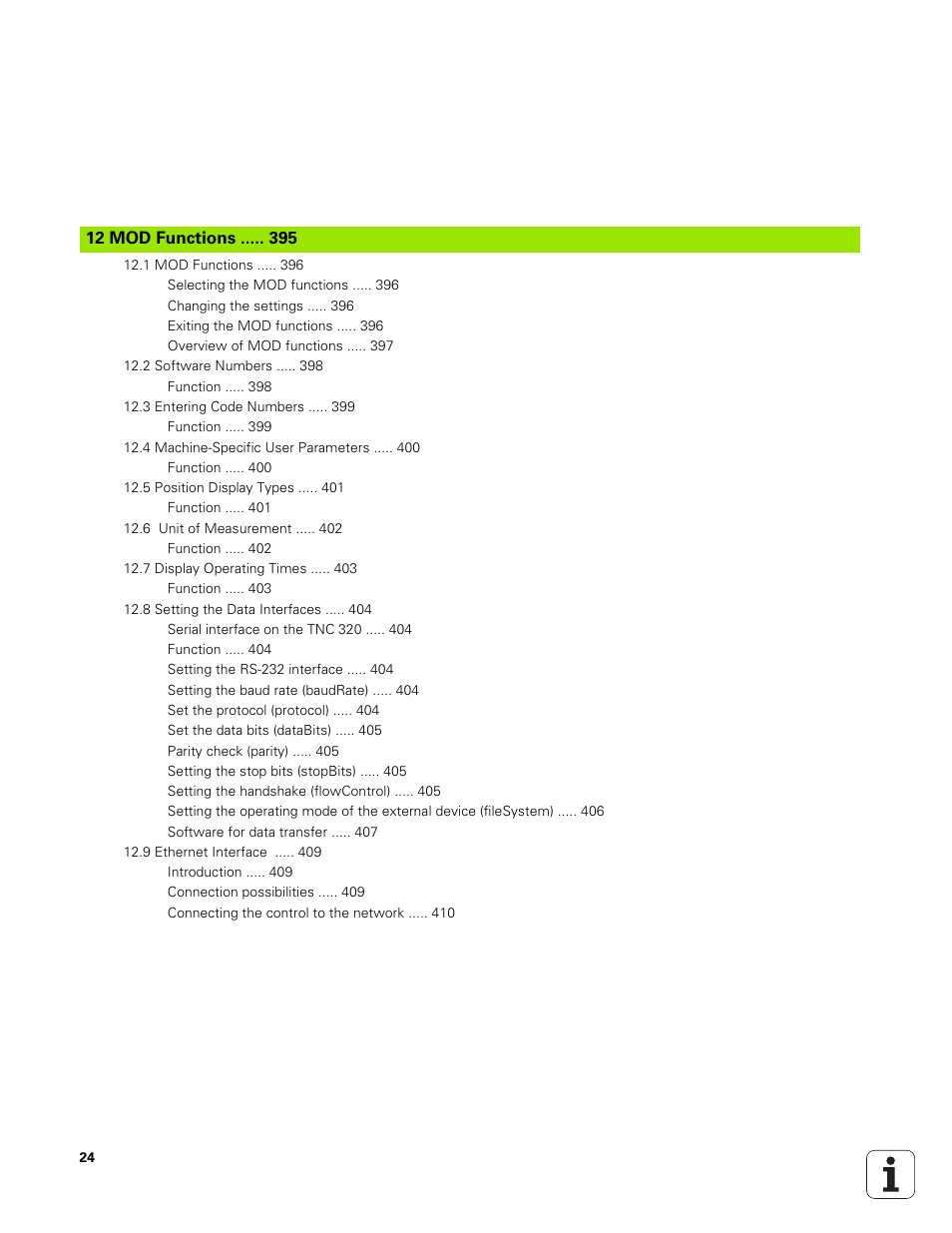 12 mod functions, Mod functions | HEIDENHAIN TNC 320 (340 551-01) User Manual | Page 24 / 463