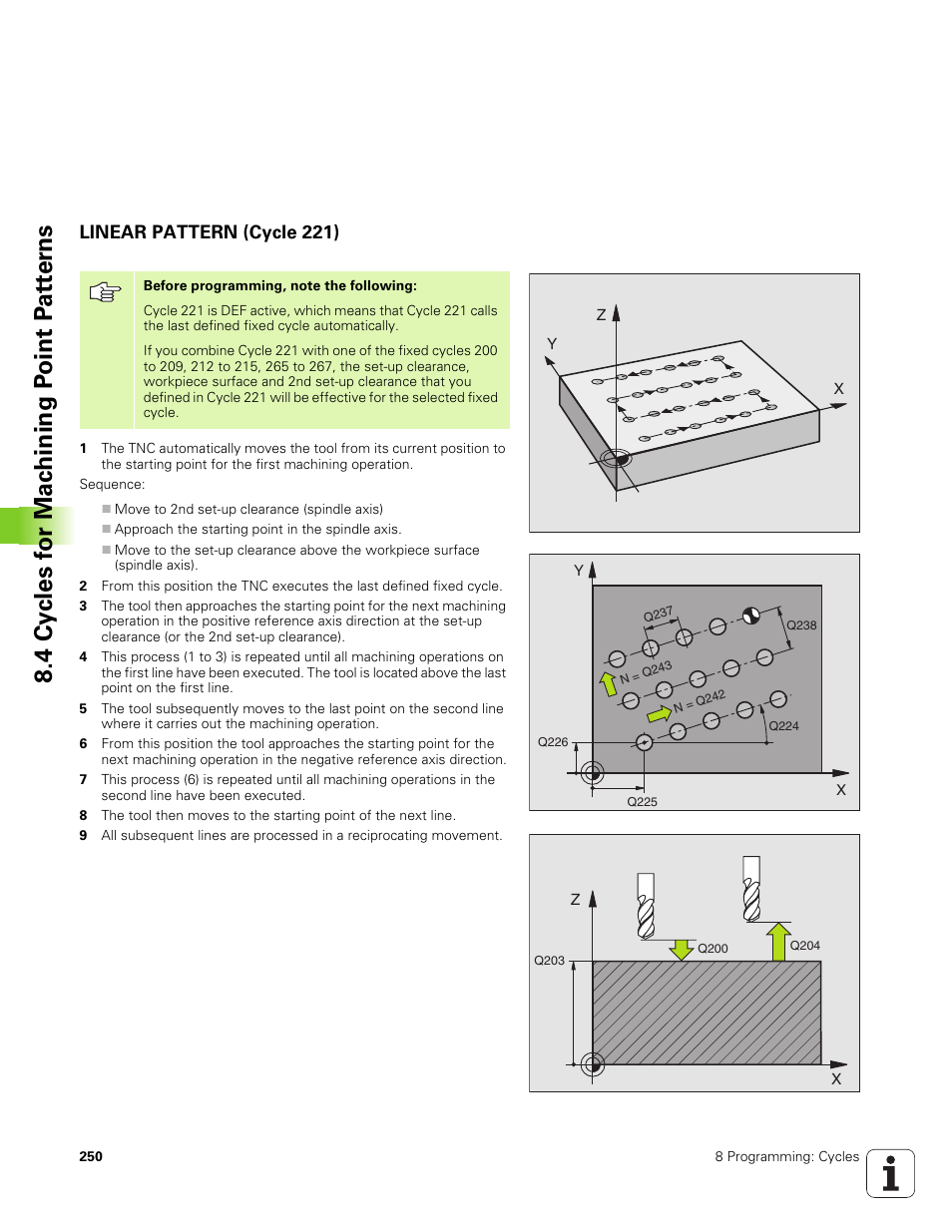 Linear pattern (cycle 221) | HEIDENHAIN TNC 320 (340 551-01) User Manual | Page 250 / 463