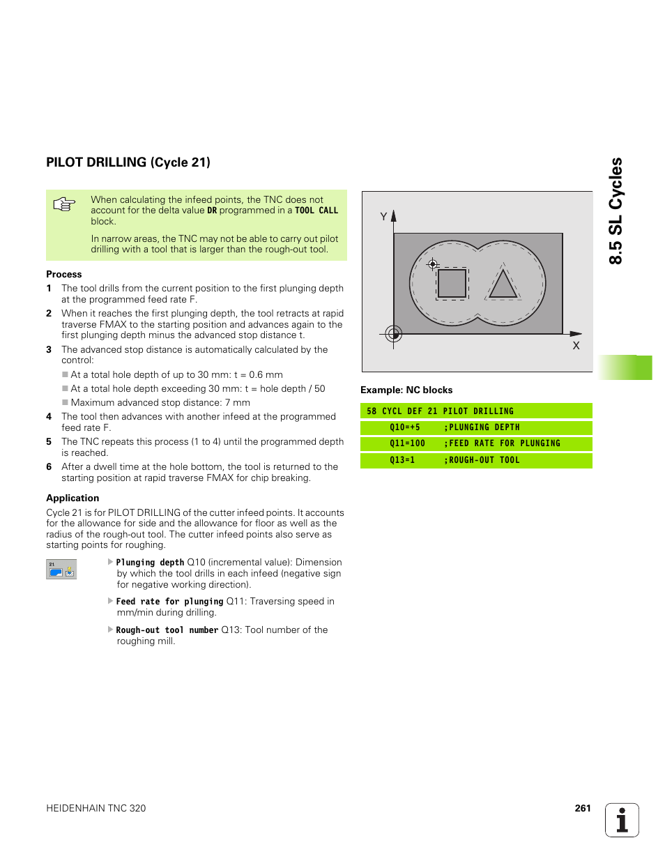 Pilot drilling (cycle 21), Vf ¢s, 5 sl cy cles | HEIDENHAIN TNC 320 (340 551-01) User Manual | Page 261 / 463