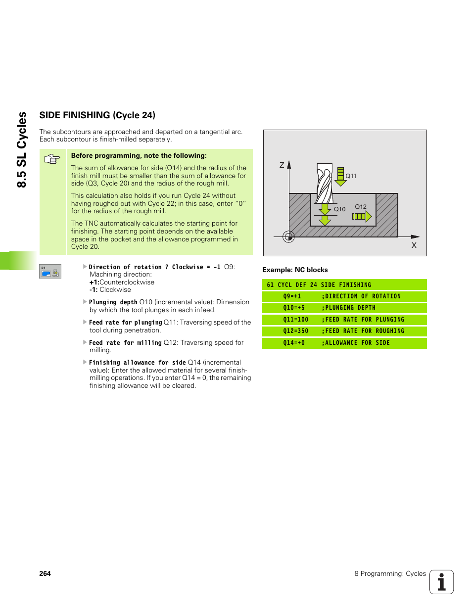 Side finishing (cycle 24), Vf ¢t, 5 sl cy cles | HEIDENHAIN TNC 320 (340 551-01) User Manual | Page 264 / 463