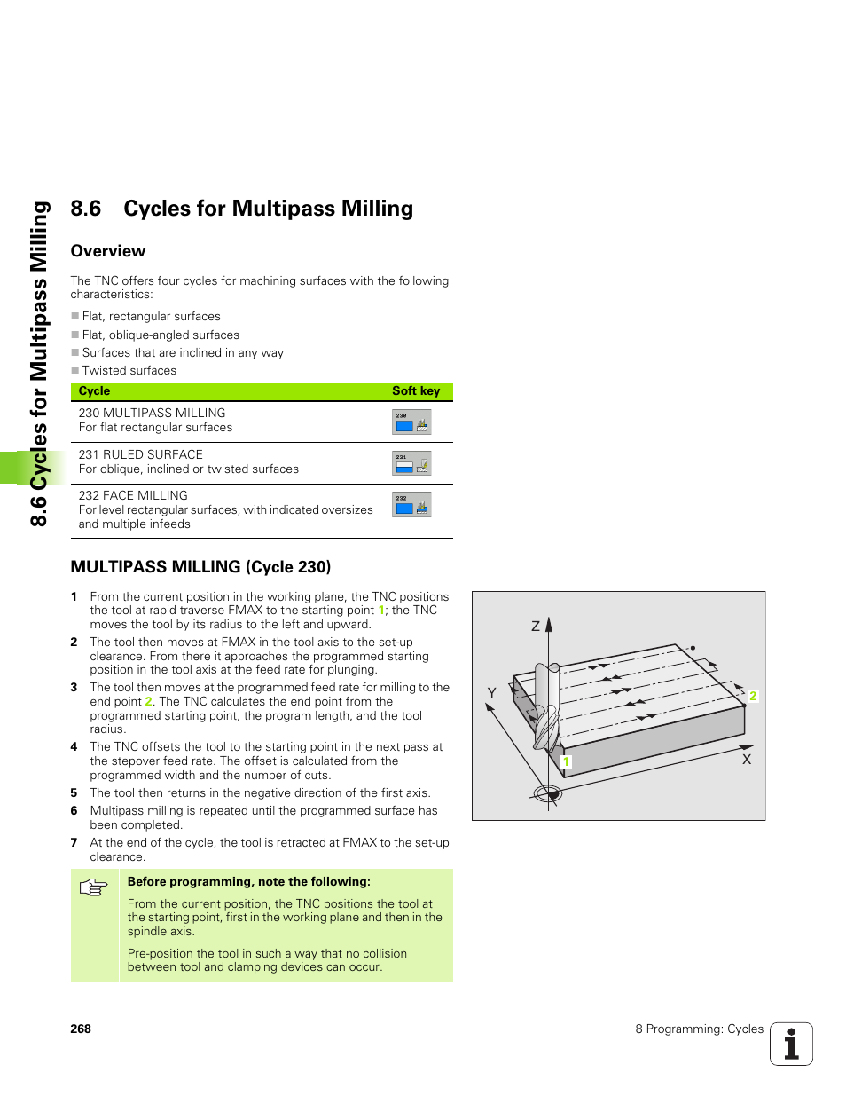 6 cycles for multipass milling, Overview, Multipass milling (cycle 230) | HEIDENHAIN TNC 320 (340 551-01) User Manual | Page 268 / 463