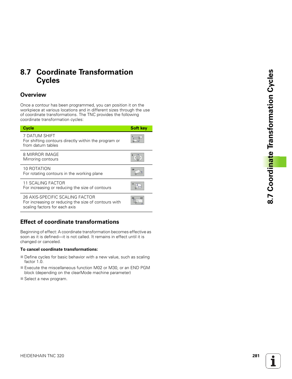 7 coordinate transformation cycles, Overview, Effect of coordinate transformations | HEIDENHAIN TNC 320 (340 551-01) User Manual | Page 281 / 463