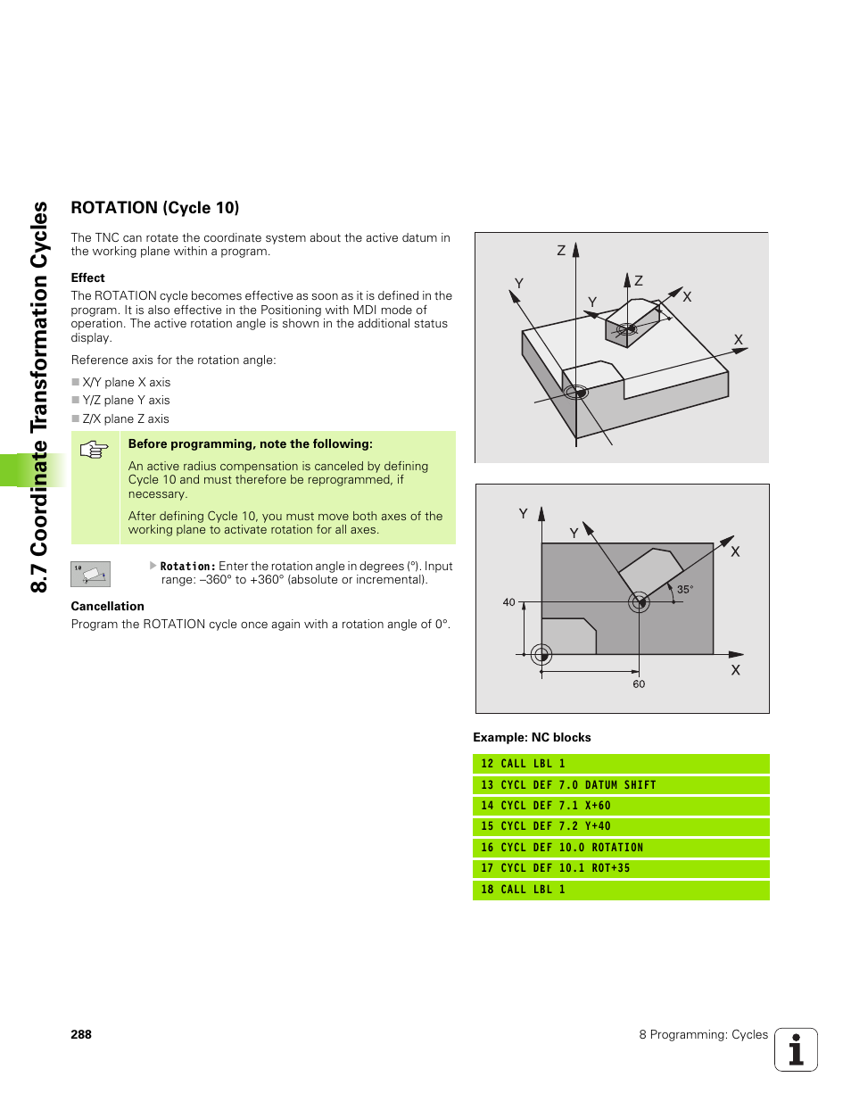 Rotation (cycle 10), 7 coor dinat e t ransf or mation cy cles | HEIDENHAIN TNC 320 (340 551-01) User Manual | Page 288 / 463