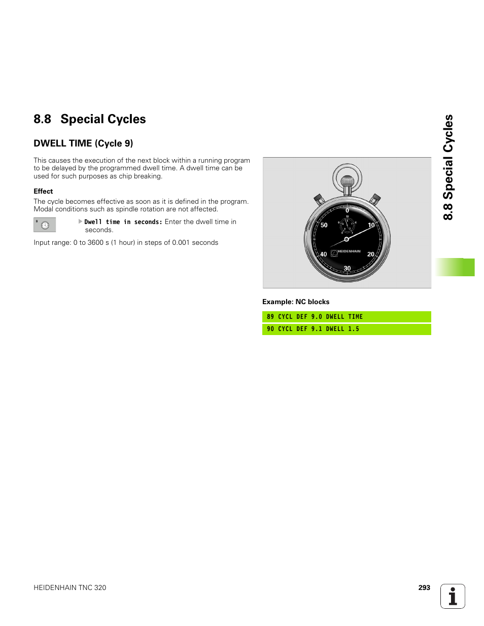 8 special cycles, Dwell time (cycle 9), 8 special cy cles 8.8 special cycles | HEIDENHAIN TNC 320 (340 551-01) User Manual | Page 293 / 463