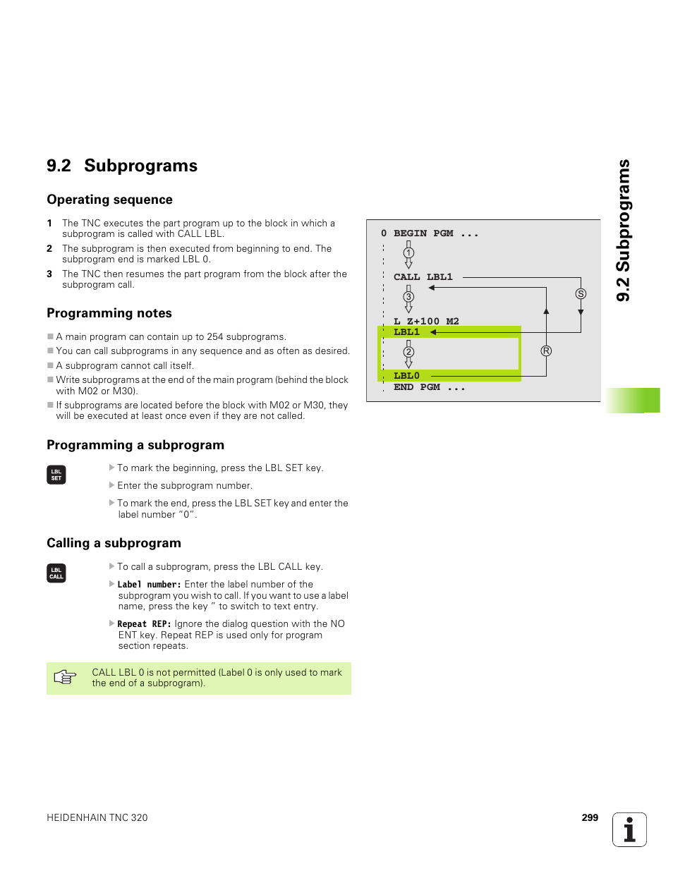 2 subprograms, Operating sequence, Programming notes | Programming a subprogram, Calling a subprogram, 2 subpr ogr ams 9.2 subprograms | HEIDENHAIN TNC 320 (340 551-01) User Manual | Page 299 / 463