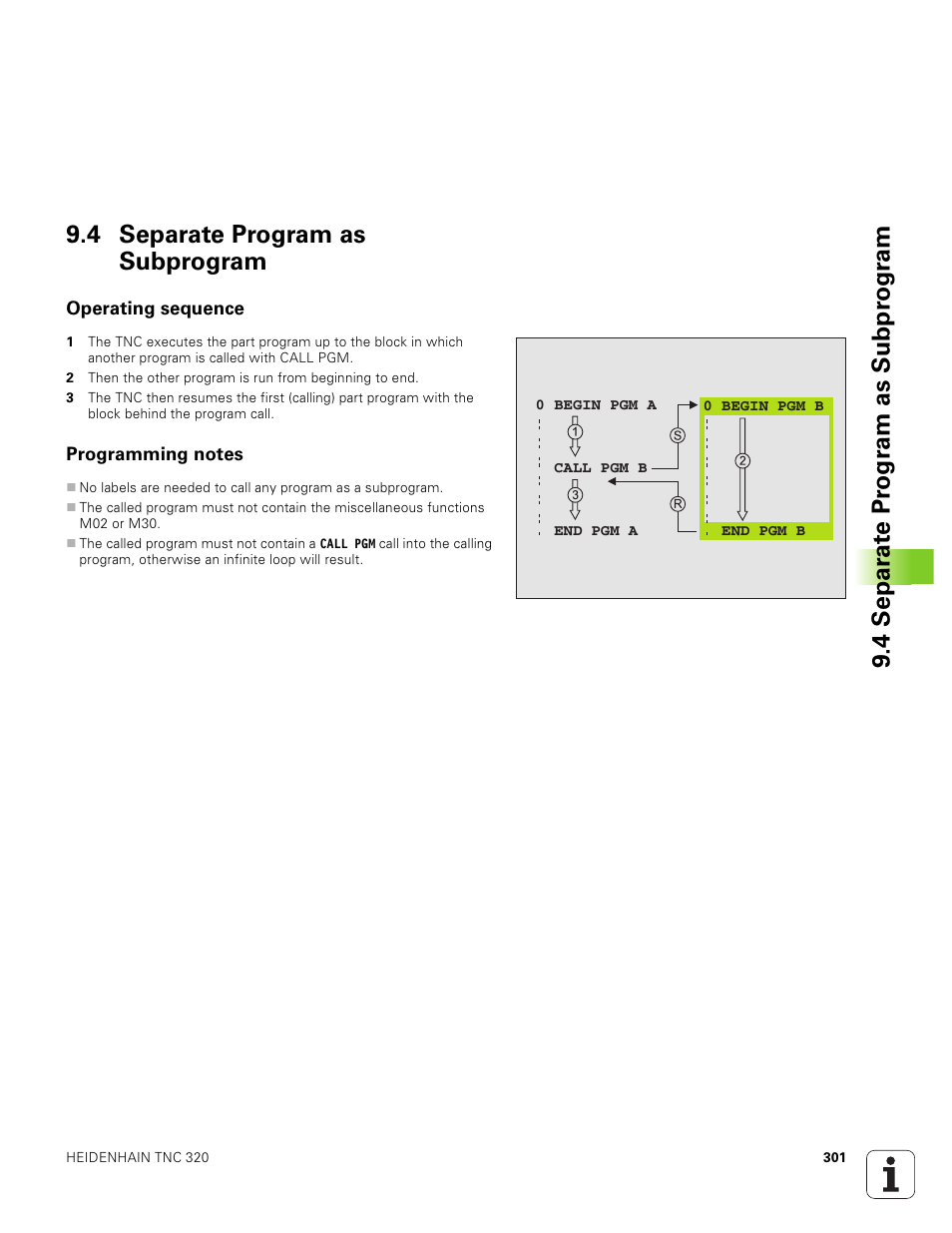 4 separate program as subprogram, Operating sequence, Programming notes | HEIDENHAIN TNC 320 (340 551-01) User Manual | Page 301 / 463