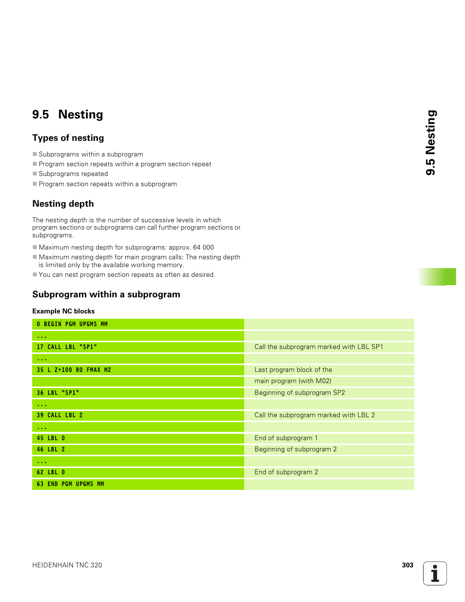 5 nesting, Types of nesting, Nesting depth | Subprogram within a subprogram | HEIDENHAIN TNC 320 (340 551-01) User Manual | Page 303 / 463