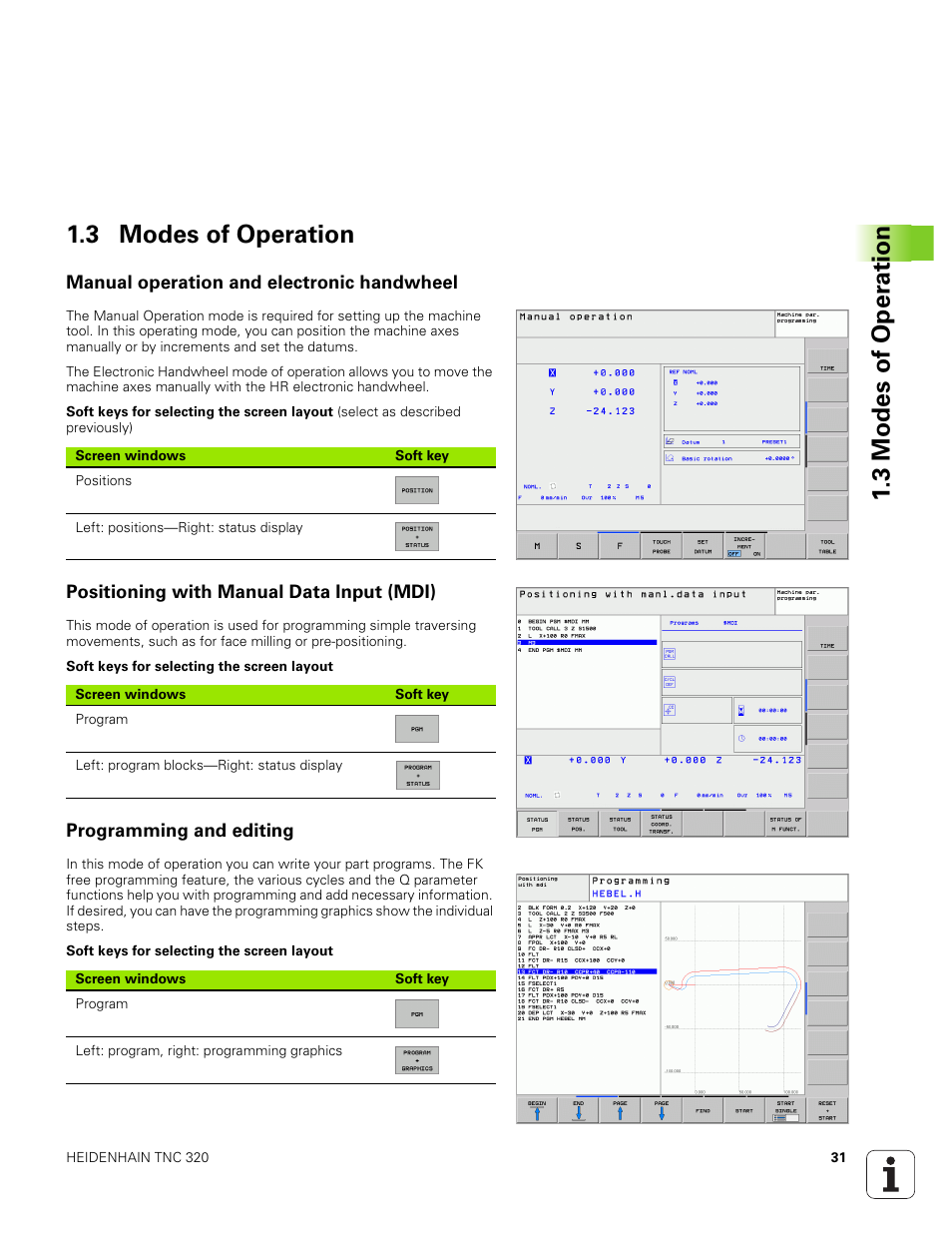 3 modes of operation, Manual operation and electronic handwheel, Positioning with manual data input (mdi) | Programming and editing, 3 modes of oper ation 1.3 modes of operation | HEIDENHAIN TNC 320 (340 551-01) User Manual | Page 31 / 463