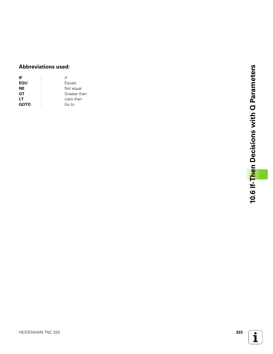 Abbreviations used, 10 .6 if-then decisions with q p ar amet ers | HEIDENHAIN TNC 320 (340 551-01) User Manual | Page 323 / 463