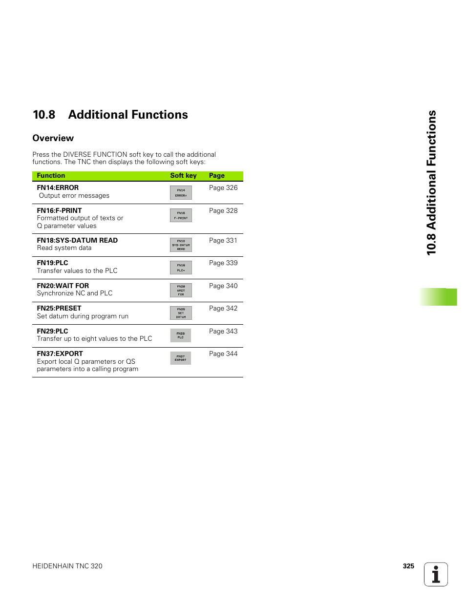 8 additional functions, Overview | HEIDENHAIN TNC 320 (340 551-01) User Manual | Page 325 / 463