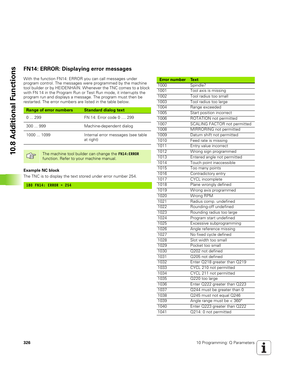 Fn14: error: displaying error messages, 10 .8 a d ditional f u nctions | HEIDENHAIN TNC 320 (340 551-01) User Manual | Page 326 / 463