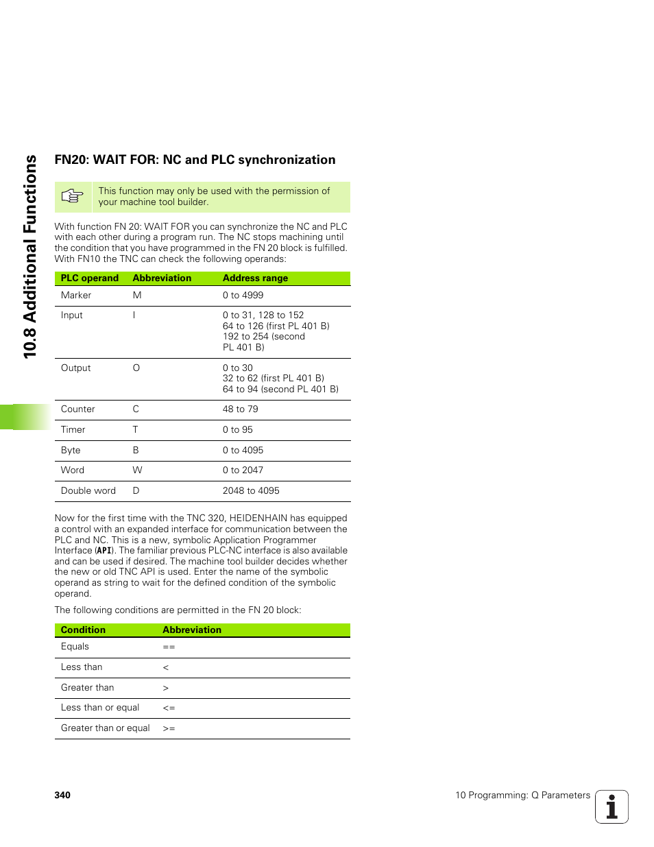 Fn20: wait for: nc and plc synchronization, 10 .8 a d ditional f u nctions | HEIDENHAIN TNC 320 (340 551-01) User Manual | Page 340 / 463