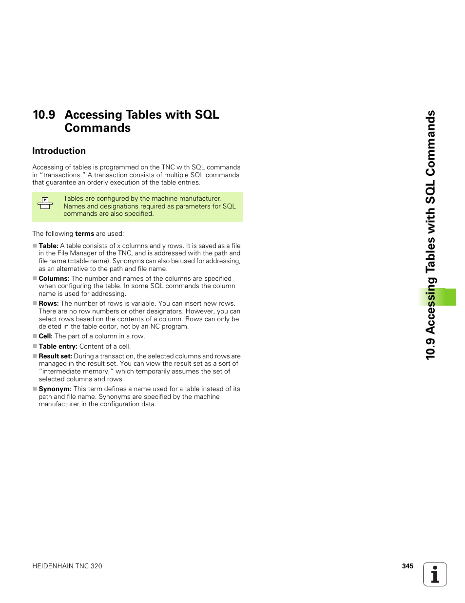 9 accessing tables with sql commands, Introduction | HEIDENHAIN TNC 320 (340 551-01) User Manual | Page 345 / 463