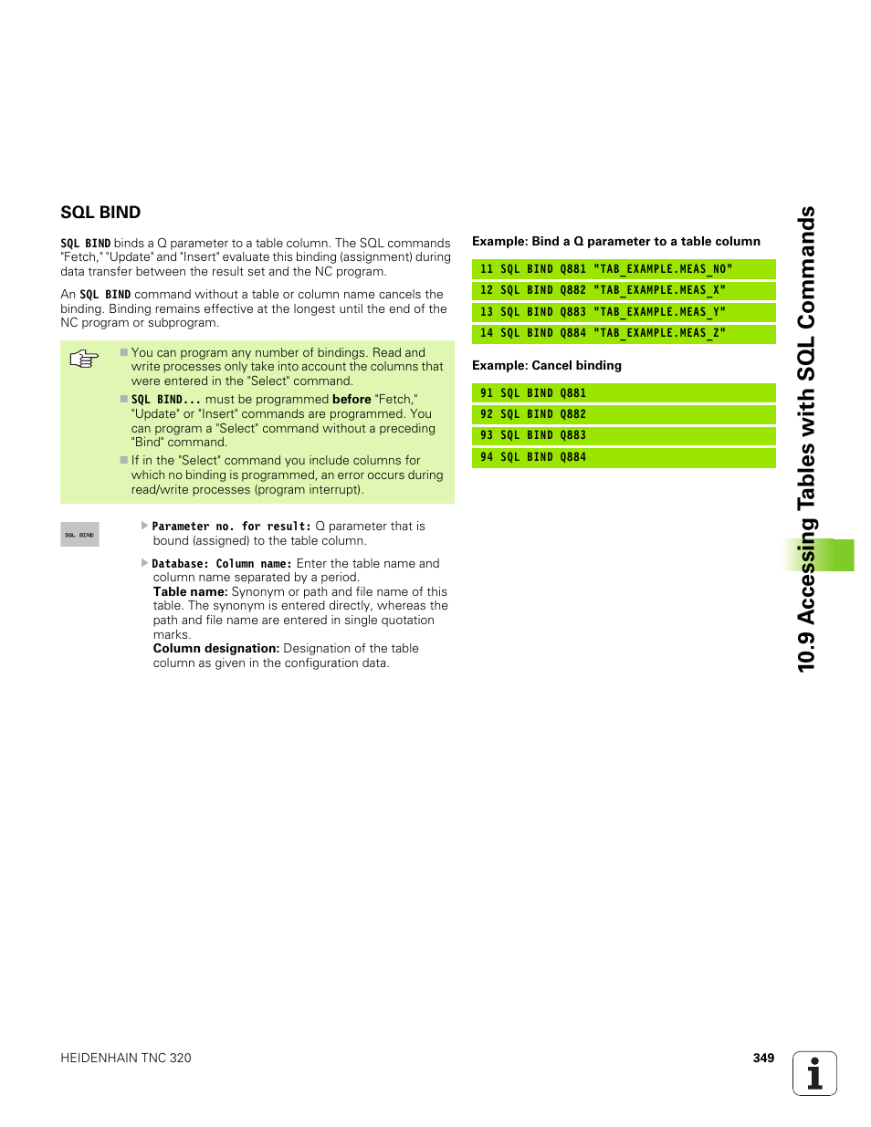 Sql bind, 10 .9 a ccessing t a bles with sql commands | HEIDENHAIN TNC 320 (340 551-01) User Manual | Page 349 / 463