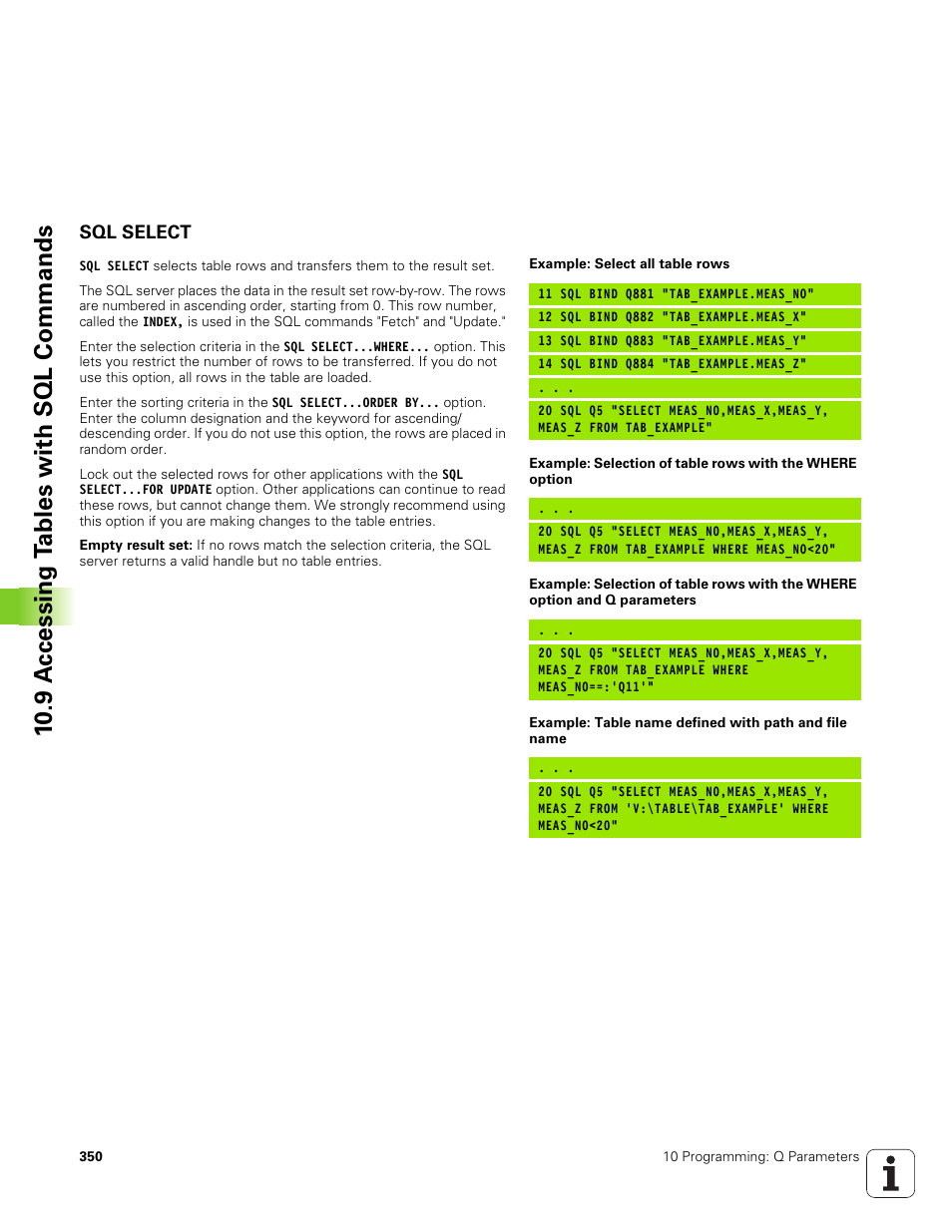 Sql select, 10 .9 a ccessing t a bles with sql commands | HEIDENHAIN TNC 320 (340 551-01) User Manual | Page 350 / 463