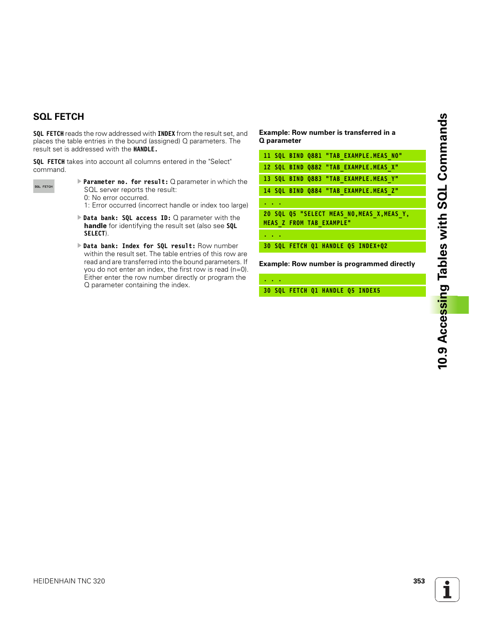 Sql fetch, 10 .9 a ccessing t a bles with sql commands | HEIDENHAIN TNC 320 (340 551-01) User Manual | Page 353 / 463