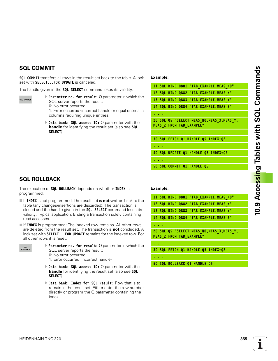 Sql commit, Sql rollback, 10 .9 a ccessing t a bles with sql commands | HEIDENHAIN TNC 320 (340 551-01) User Manual | Page 355 / 463