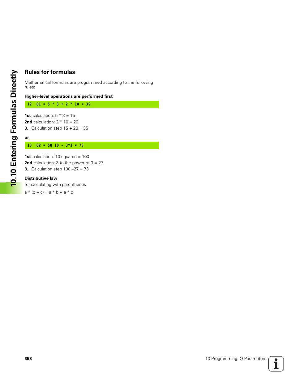 Rules for formulas, 10 .1 0 ent e ri ng f o rm ulas dir e ctly | HEIDENHAIN TNC 320 (340 551-01) User Manual | Page 358 / 463