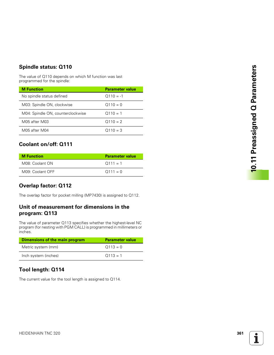 Spindle status: q110, Coolant on/off: q111, Overlap factor: q112 | Tool length: q114, 10 .1 1 pr eassigned q p ar amet ers | HEIDENHAIN TNC 320 (340 551-01) User Manual | Page 361 / 463