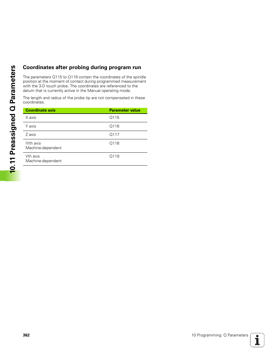 Coordinates after probing during program run, 10 .1 1 pr eassigned q p ar amet ers | HEIDENHAIN TNC 320 (340 551-01) User Manual | Page 362 / 463