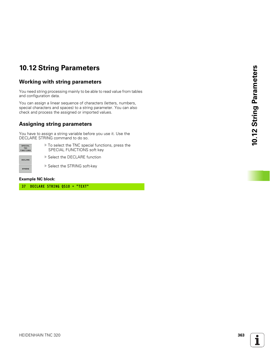 12 string parameters, Working with string parameters, Assigning string parameters | HEIDENHAIN TNC 320 (340 551-01) User Manual | Page 363 / 463