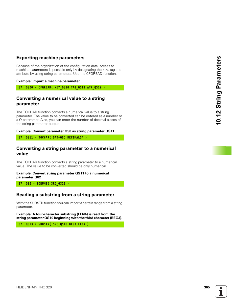 Exporting machine parameters, Converting a numerical value to a string parameter, Converting a string parameter to a numerical value | Reading a substring from a string parameter | HEIDENHAIN TNC 320 (340 551-01) User Manual | Page 365 / 463