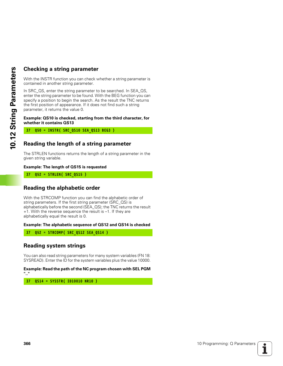 Checking a string parameter, Reading the length of a string parameter, Reading the alphabetic order | Reading system strings | HEIDENHAIN TNC 320 (340 551-01) User Manual | Page 366 / 463