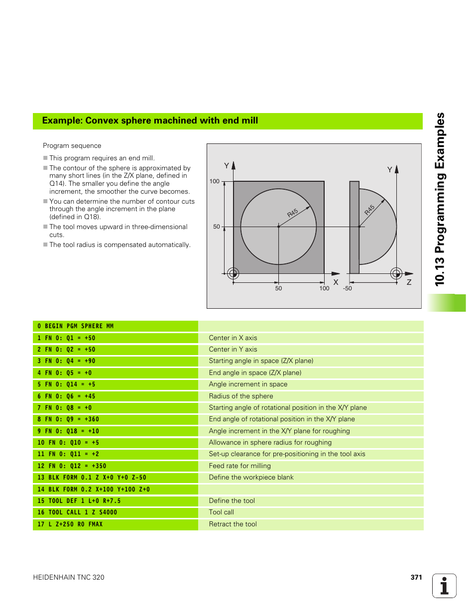 10 .13 pr ogr amming examples, Example: convex sphere machined with end mill | HEIDENHAIN TNC 320 (340 551-01) User Manual | Page 371 / 463