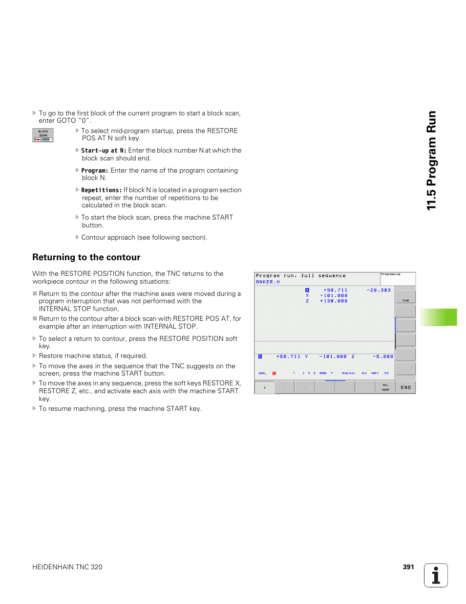 Returning to the contour, 5 pr ogr a m run | HEIDENHAIN TNC 320 (340 551-01) User Manual | Page 391 / 463