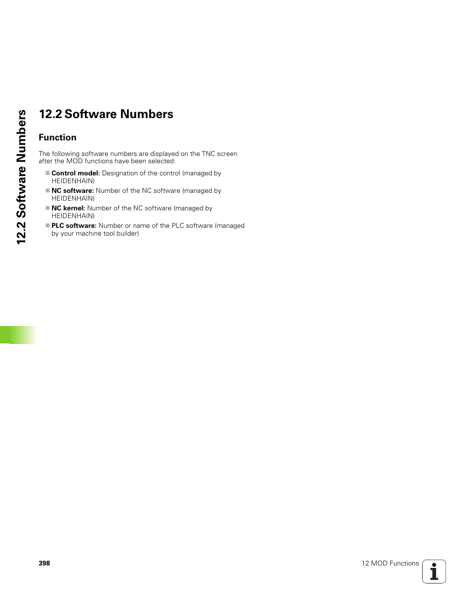 2 software numbers, Function, 2 sof tw a re numbers 12.2 software numbers | HEIDENHAIN TNC 320 (340 551-01) User Manual | Page 398 / 463