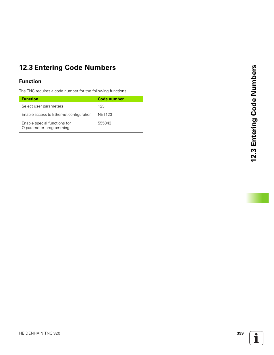 3 entering code numbers, Function | HEIDENHAIN TNC 320 (340 551-01) User Manual | Page 399 / 463