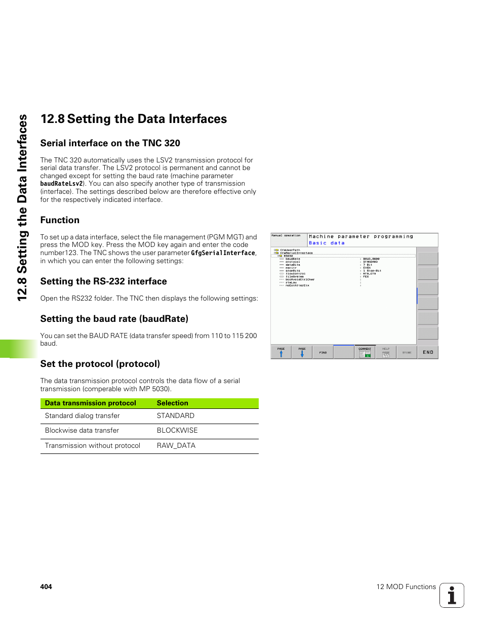 8 setting the data interfaces, Serial interface on the tnc 320, Function | Setting the rs-232 interface, Setting the baud rate (baudrate), Set the protocol (protocol) | HEIDENHAIN TNC 320 (340 551-01) User Manual | Page 404 / 463