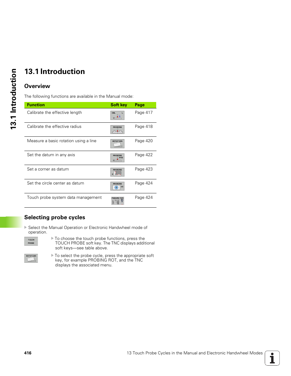 1 introduction, Overview, Selecting probe cycles | 1 intr oduction 13.1 introduction | HEIDENHAIN TNC 320 (340 551-01) User Manual | Page 416 / 463